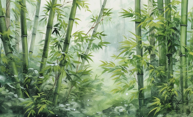 彩色的水彩风格春天夏天季节云雾弥漫竹林竹叶竹子茁长生长文艺插画背景,插画/手绘图,插画/手绘图库,插画/手绘图下载,插画/手绘